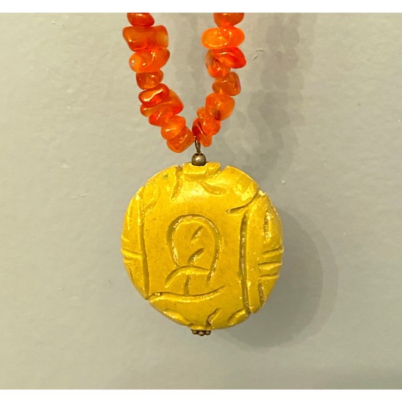 Coral Carnelian Chipstone Necklace Carved Olive Serpentine Jade Pendant Sterling - Picture 4 of 10